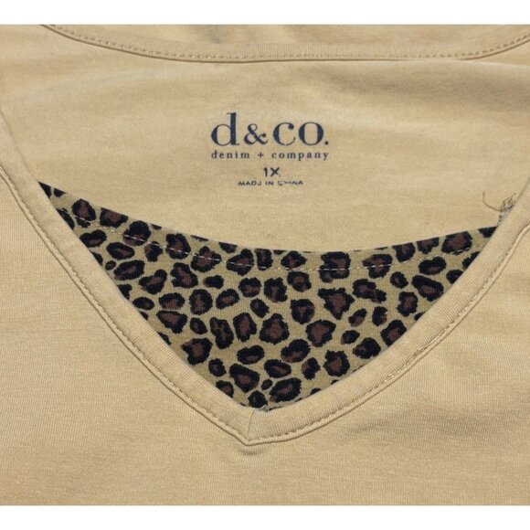 D&Co Size 1X Beige V Neck Top Leopard Animal Print Trim 3/4 Sleeves Stretch - Picture 7 of 8